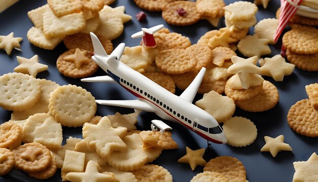 Foto un modello di aereo è su un tavolo con biscotti e biscotti