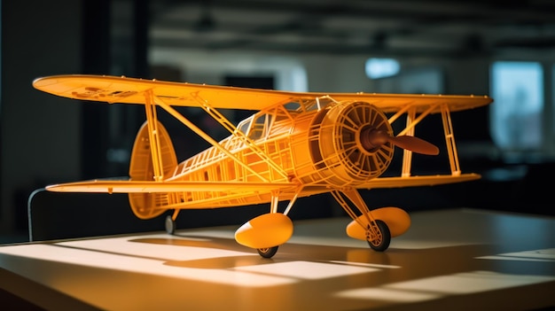 A model of a biplane is shown in a dark room.