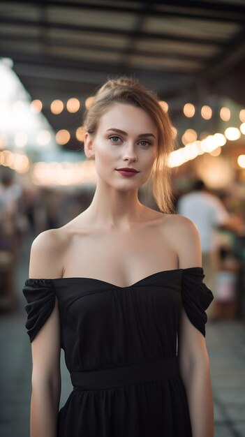 a model in a black off - the - shoulder dress with red lips stands in front of a light.