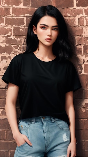 a model in a black shirt with the word quot l quot on it