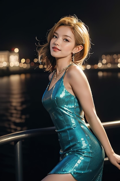 a model in a blue dress by the water