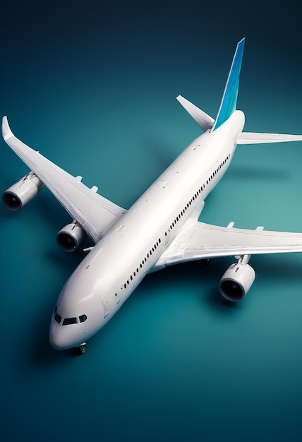 a model of a blue and white airplane is shown on a blue background