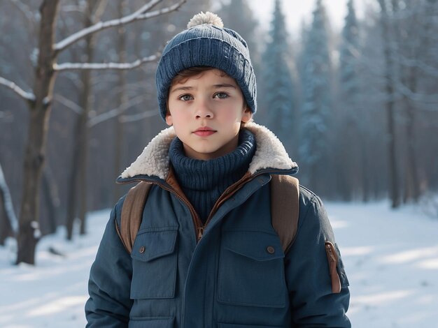 A model boy is standing in winter clothes