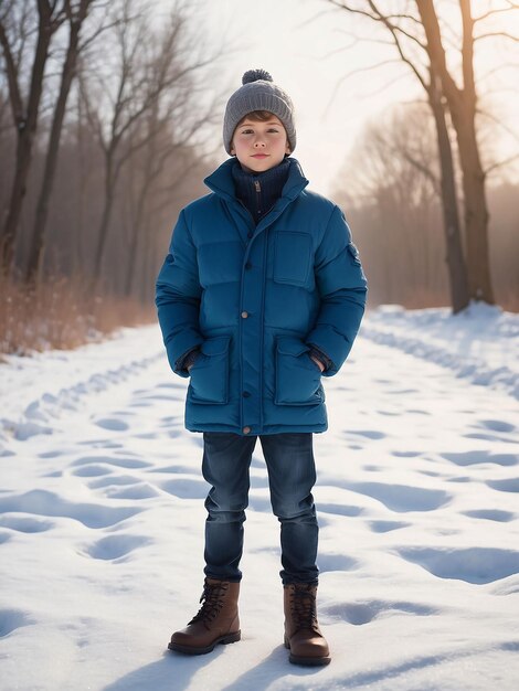 A model boy is standing in winter clothes