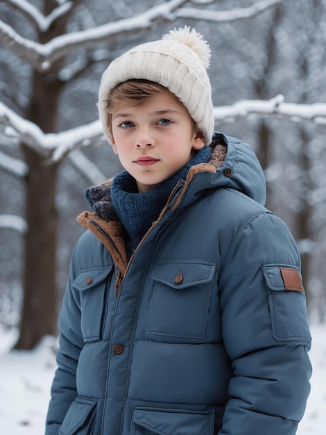 Photo a model boy is standing in winter clothes