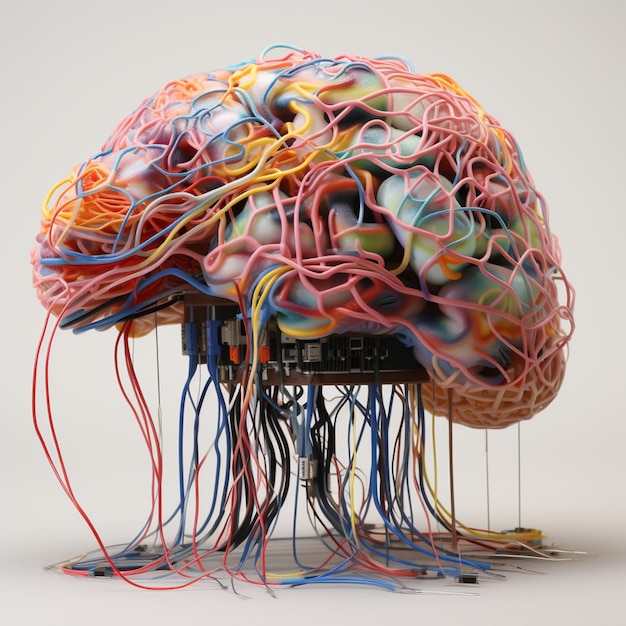 A model of a brain with a digital circuit board in the middle