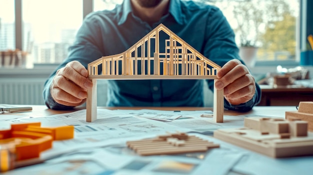 A model builder holds a wooden roof structure in front of a table filled with architectural plans and tools This image showcases creativity and craftsmanship in design AI