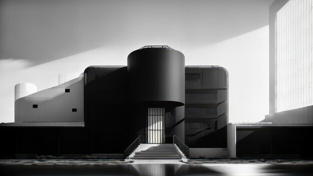 黒い構造と白い壁を持つ建物のモデル。