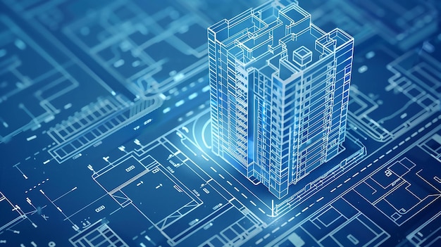 a model of a building with a blue background with a blue floor and a building in the middle