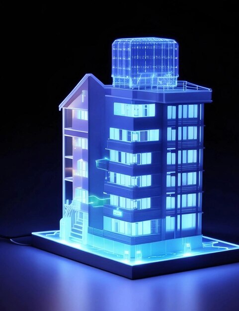 A model of a building with a blue light that says " blue ".