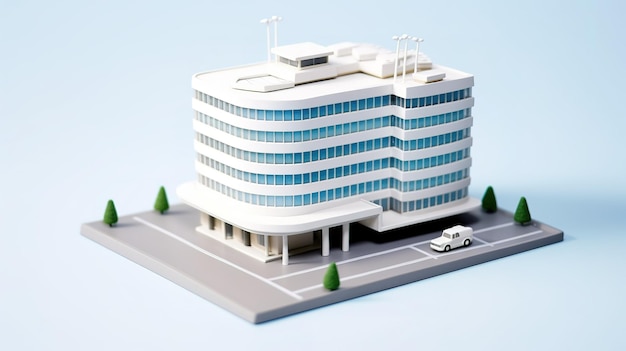 A model of a building with a blue roof and a white car in front of it.