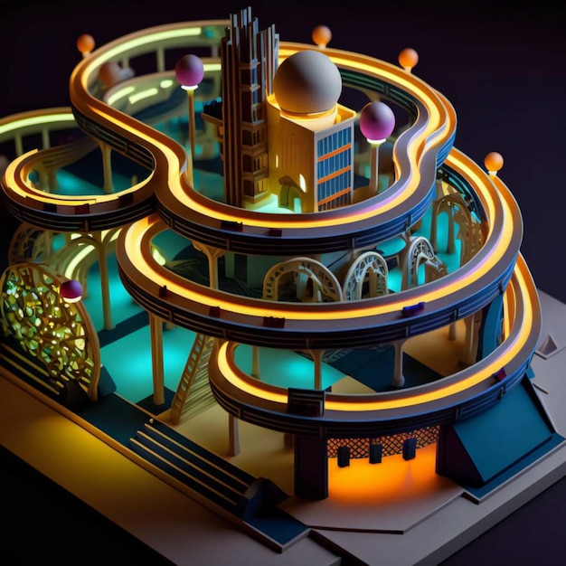 A model of a building with lights on it