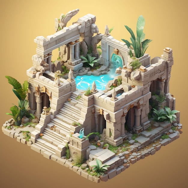 a model of a building with a pool and a water feature.