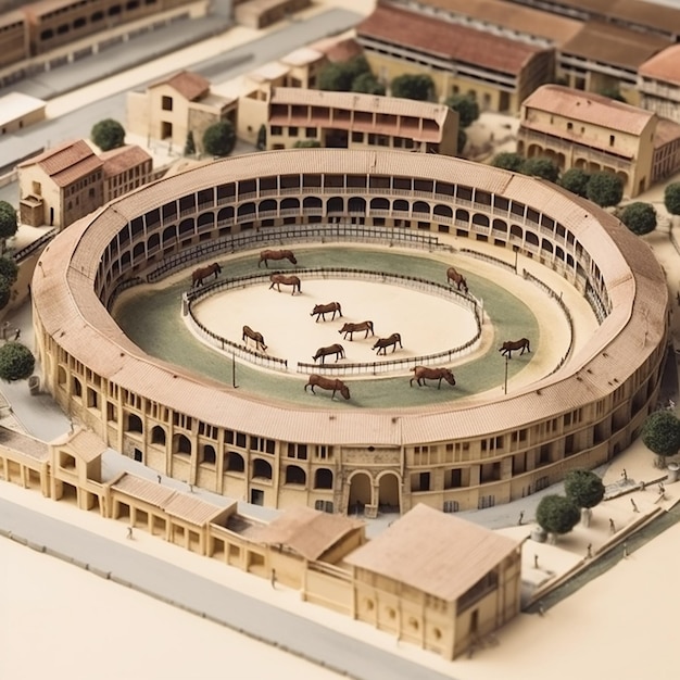 A model of a bull ring with a green roof.