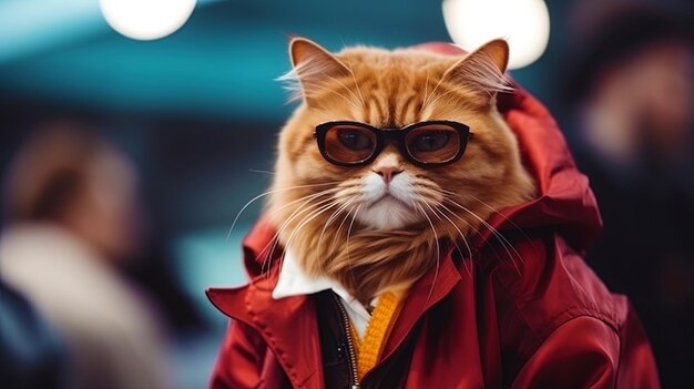 A model cat in stylish clothes at a cat show