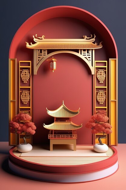 Photo a model of a chinese shrine with a red wall and a red wall with a tree in the middle.