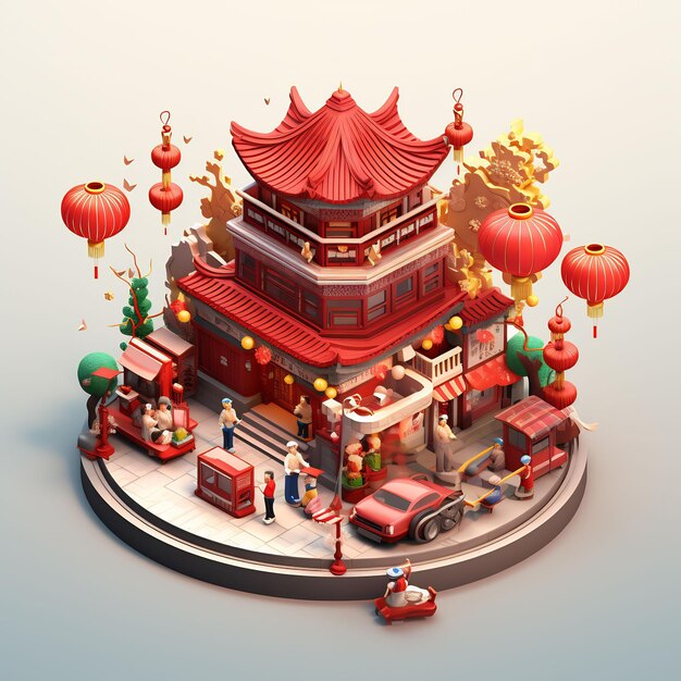 a model of a chinese temple with a red roof and a red pagoda in the background.
