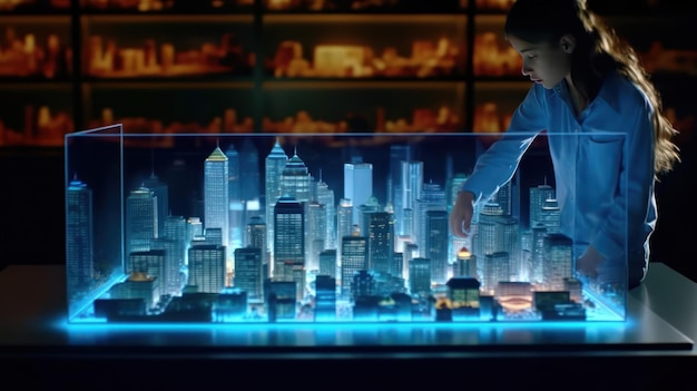 A model of a city is displayed in front of a glass table.