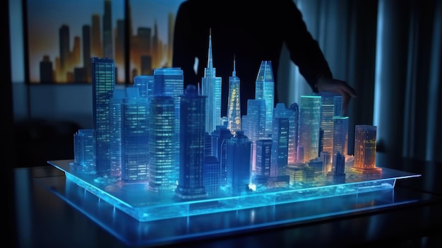 A model of a city is lit up with a blue light that says " city ".