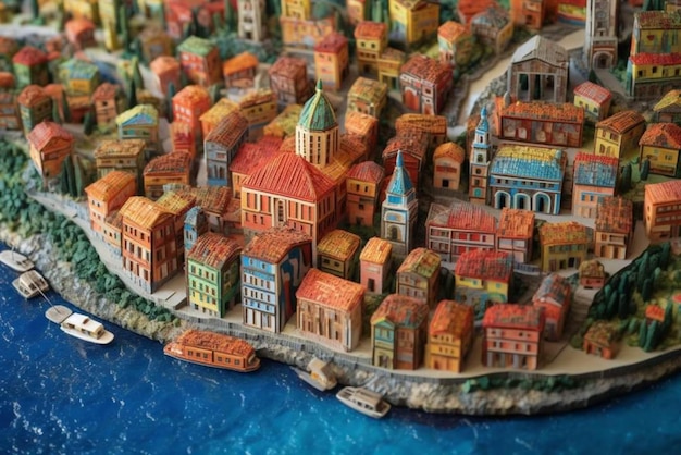 A model of a city with a blue water and a boat in the background.