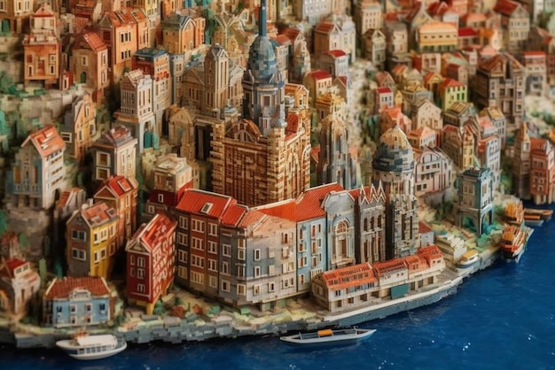 A model of a city with a boat in the water