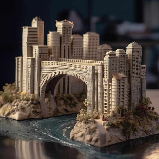 A model of a city with a bridge in the background