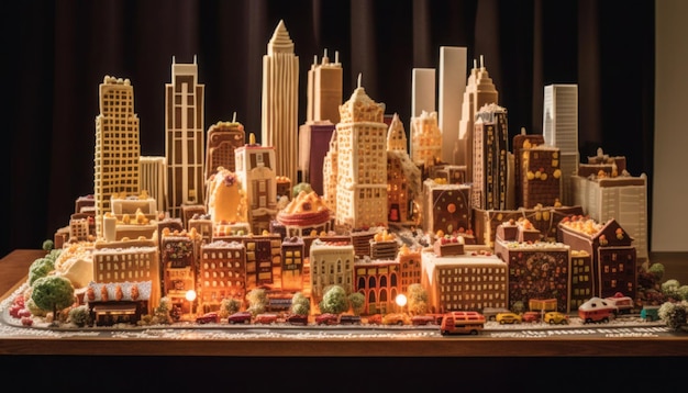 A model of a city with a city in the background.