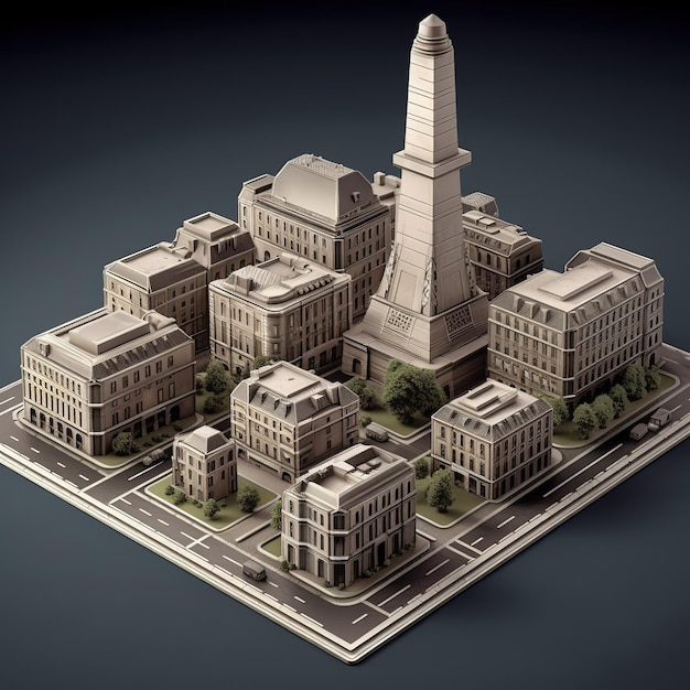 Модель города со статуей высокого здания и здание со статуей высокой башни.