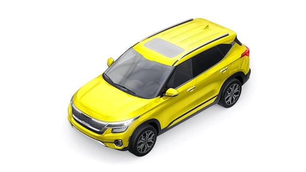 A model of a compact yellow SUV for the city on a white background 3d illustration