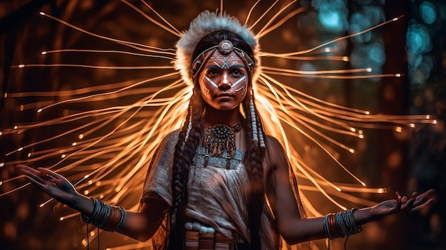 Model costumed like an Indian stands in front of long exposure lights while using generative AI