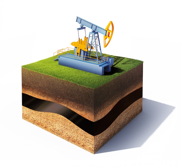 Model of cross section of ground with grass and oil pump jack isolated on white