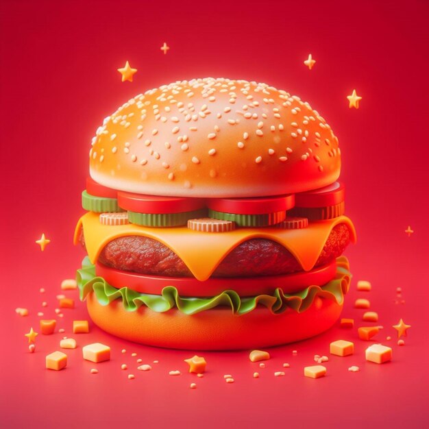 Foto model de hamburguesa con fondo rojo