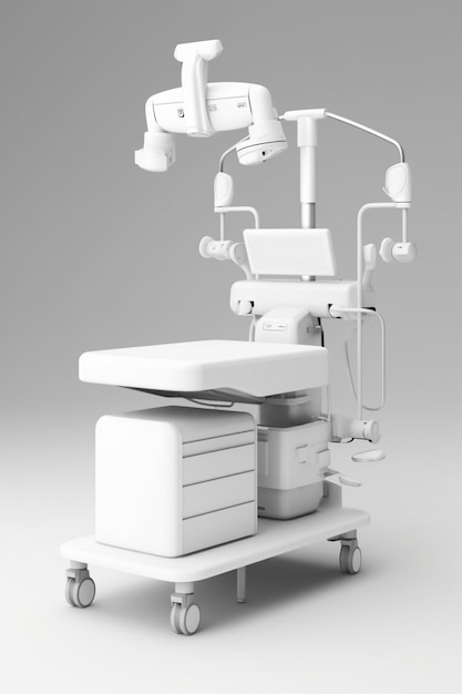 A model of a dental chair with a monitor on it.