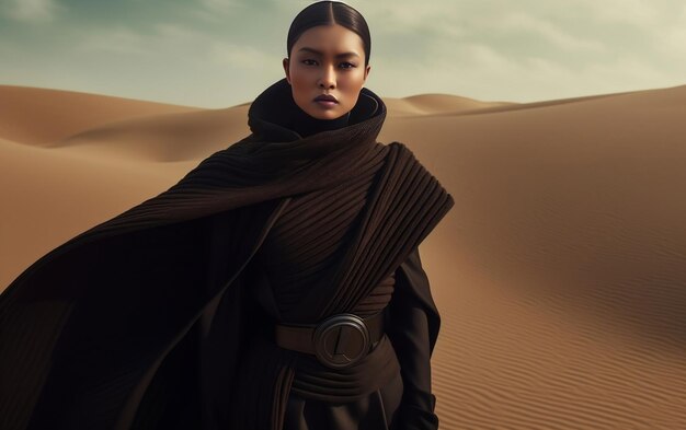 Model in desert wearing designer dress