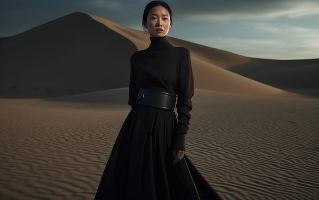Model in desert wearing designer dress