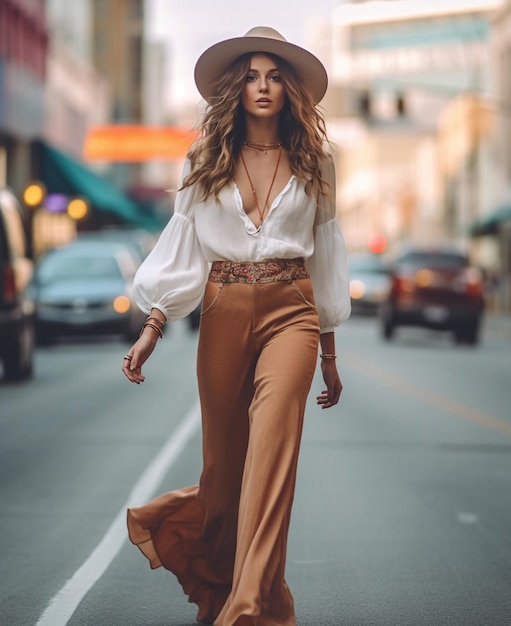 Model draagt een witte top en broek met een hoed en schoenen