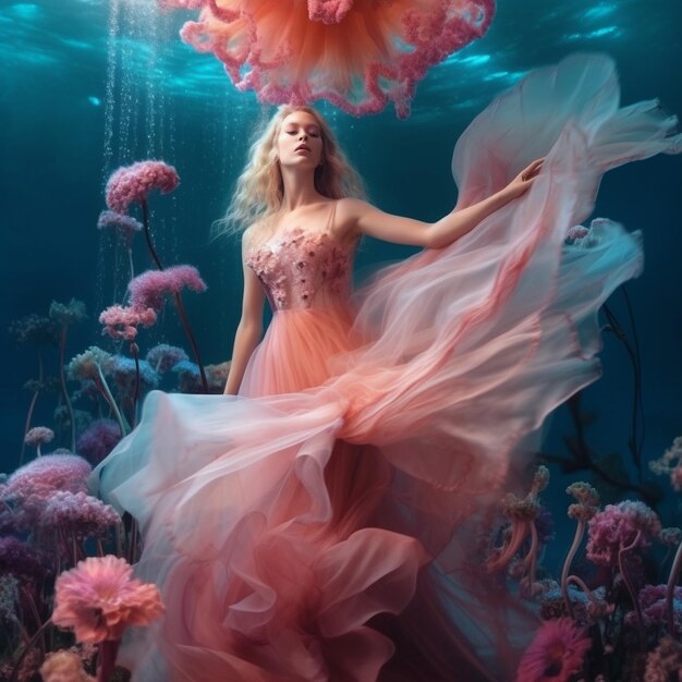 a model in a dress under water with a large flower in the bottom.