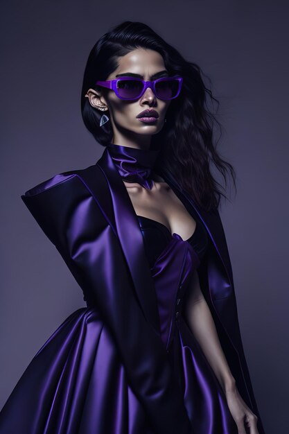 Фото Модель в стильной фиолетовой одежде и солнцезащитных очках