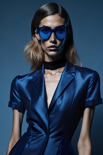 Photo model dressed in stylish blue clothes and blue with sunglasses generative ai
