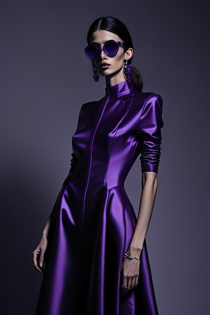 Model dressed in stylish purple clothes and sunglasses Generative Ai