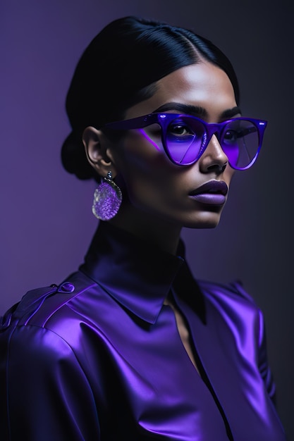 스타일리시한 보라색 옷과 보라색 선글라스를 입은 모델 Generative Ai