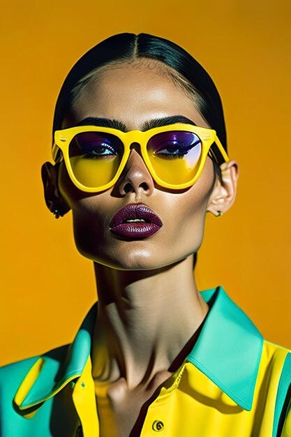 Photo model dressed in stylish yellow clothes and yellow with sunglasses generative ai