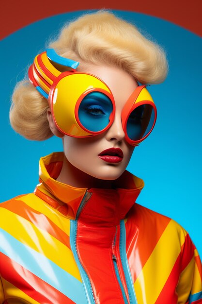 Model dressed in vibrant retrofuturistic