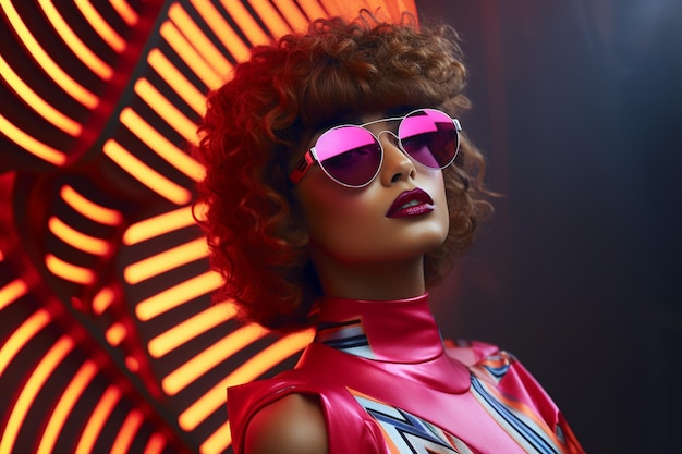 Model dressed in vibrant retrofuturistic