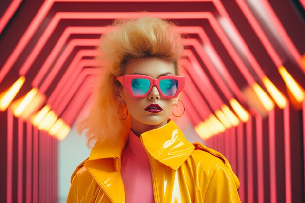 Model dressed in vibrant retrofuturistic