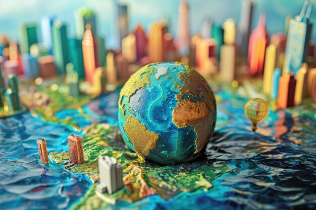 Foto un modello della terra è visualizzato con una città visibile sullo sfondo opere d'arte ar interattive che mostrano l'economia mondiale gonfiata da ai generata