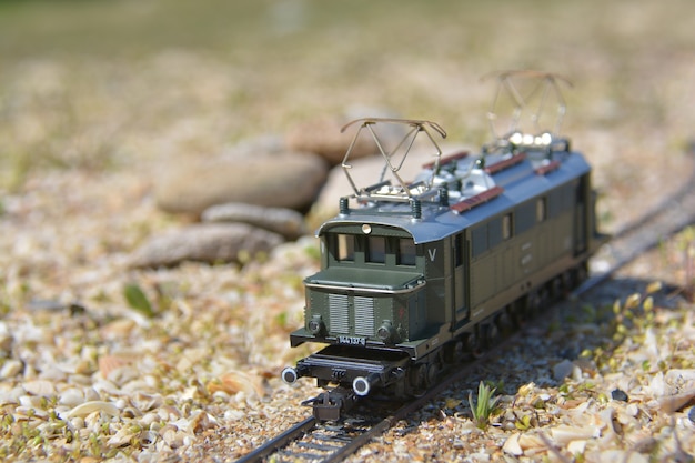 Model elektrische locomotief in tuin