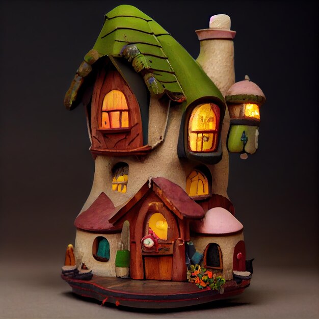 a model of a fairy house with a green roof