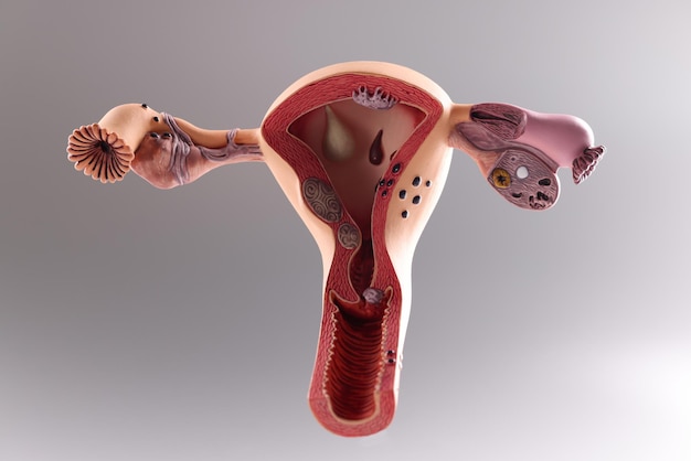 Photo model of the female reproductive system on gray background