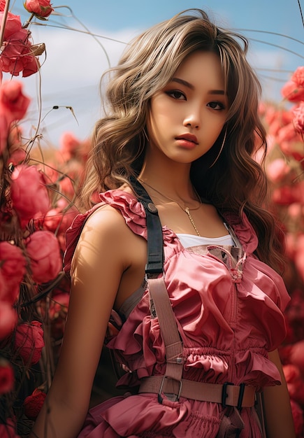 Photo a model in a field of flowers with a red flower in the background